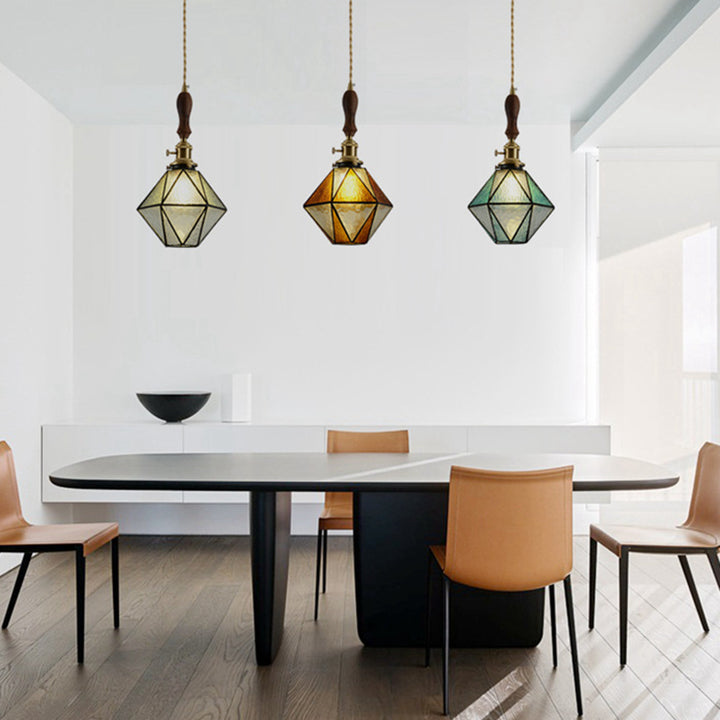 Traditional Tiffany Iron Brass Glass Polygonal Diamond 1-Light Pendant Light For Dining Room
