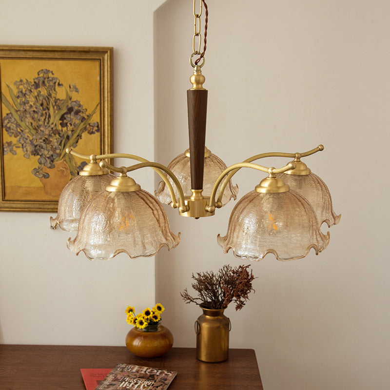 Traditional Vintage Petals All Copper Log Glass 3/5 Light Chandelier For Living Room
