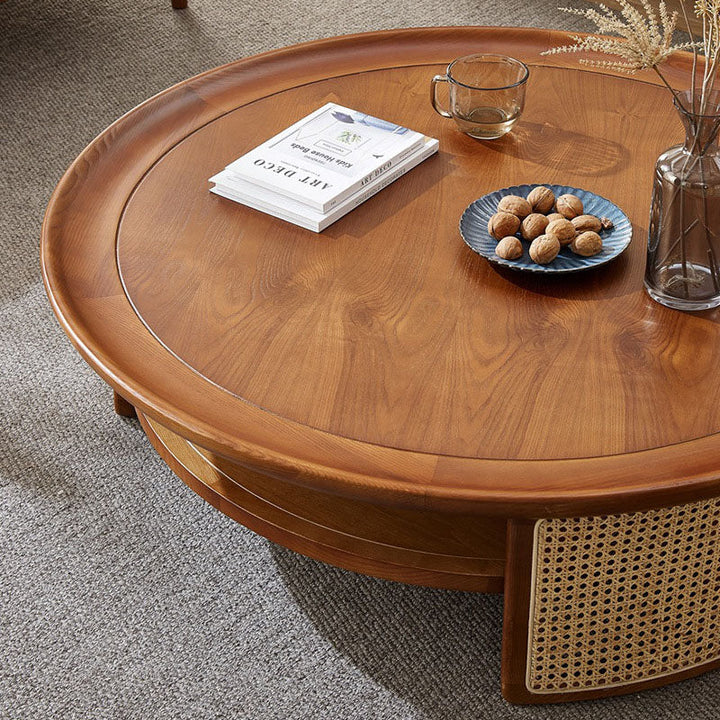 Traditioneller runder Couchtisch im japanischen Stil aus Eschenholz, Rattan und Sperrholz mit 2 Ebenen für das Wohnzimmer 