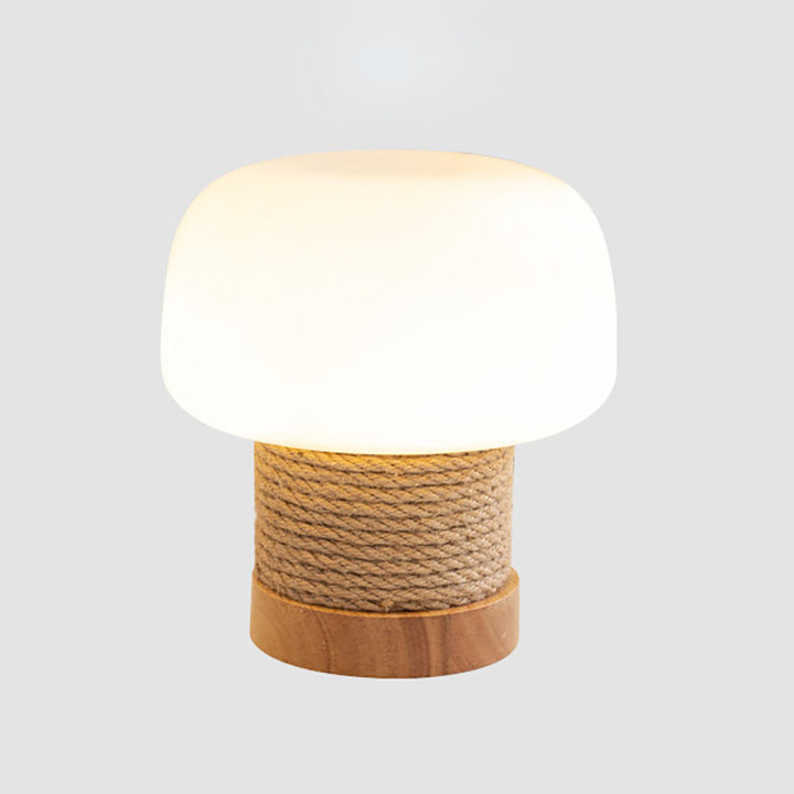 Lampe de table 1 lumière en verre avec pied en forme de cylindre minimaliste moderne et abat-jour en forme de champignon en chêne et ficelle pour chambre à coucher 