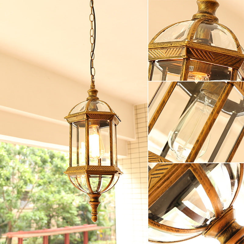 Zeitgenössische Retro sechseckige Laterne Glas Aluminium 1-Licht wasserdichte Pendelleuchte für Terrasse im Freien 