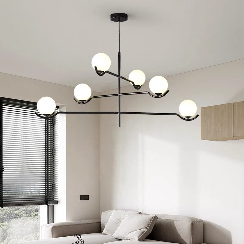 Moderner Mid-Century Eisen Langstab Glaskugel Schirm 4/6-flammiger Kronleuchter für Esszimmer 