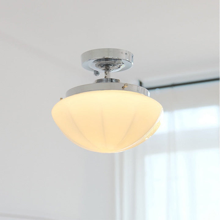 Moderne skandinavische cremefarbene runde Deckenleuchte aus Eisen und Glas mit 1 Licht, halbbündige Montage für Wohnzimmer 