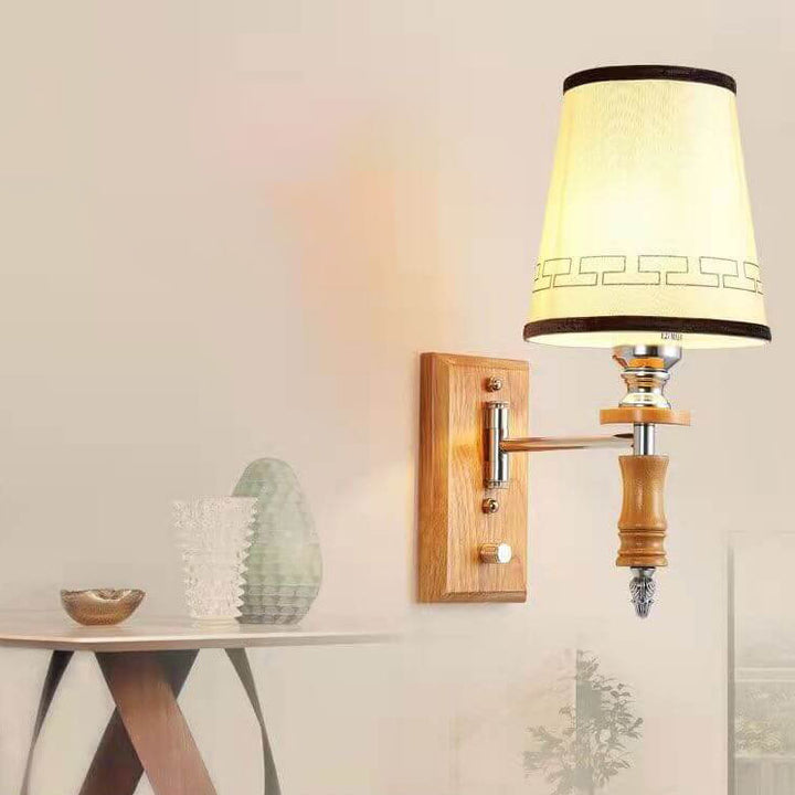 Chinesische Retro Holz Element Stofffass Schirm 1-Licht Wandleuchte 