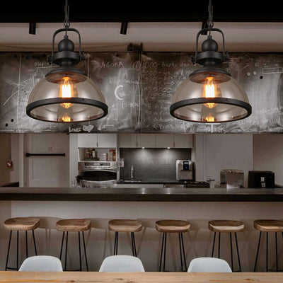 Zeitgenössische industrielle Kuppel Eisen Glas 1-Licht Pendelleuchte für Wohnzimmer 