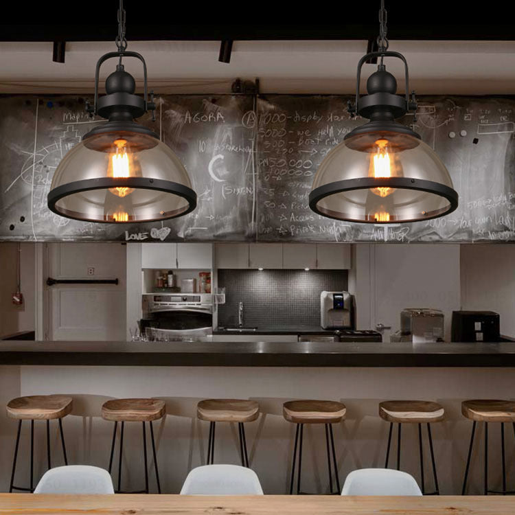 Zeitgenössische industrielle Kuppel Eisen Glas 1-Licht Pendelleuchte für Wohnzimmer 