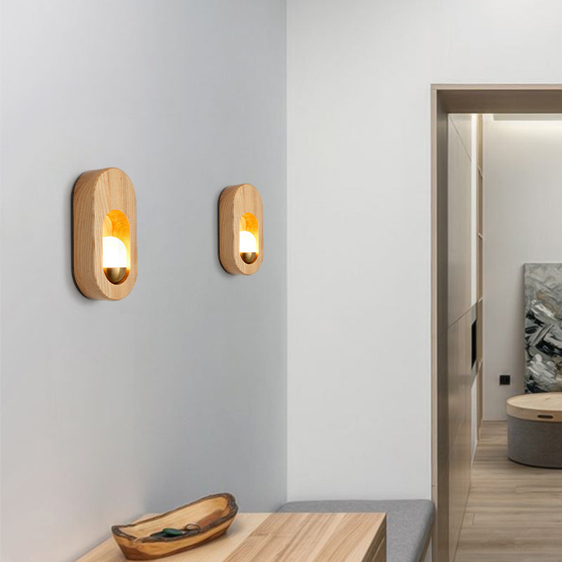 Applique murale 1 lumière en bois elliptique ultra-fin traditionnel japonais avec abat-jour en acrylique pour salon 