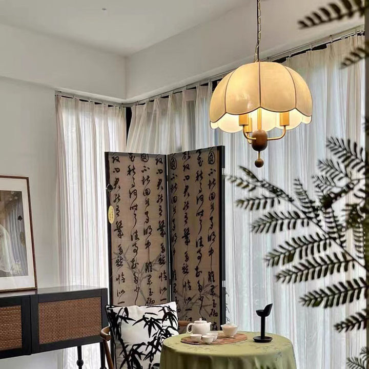 Lustre Suspendu à 3 Lumières en Tissu Rond Traditionnel Français avec Fer et Noyer pour Salon 