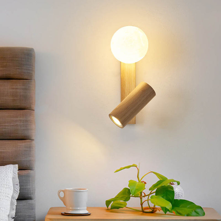 Applique murale LED en bois de caoutchouc avec boule ronde rectangulaire de simplicité moderne pour chambre à coucher 