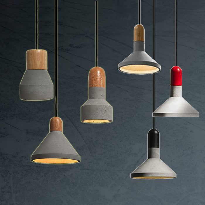 Zeitgenössische industrielle Zementkegel-Holz-Pendelleuchte mit 1 Licht für Esszimmer 