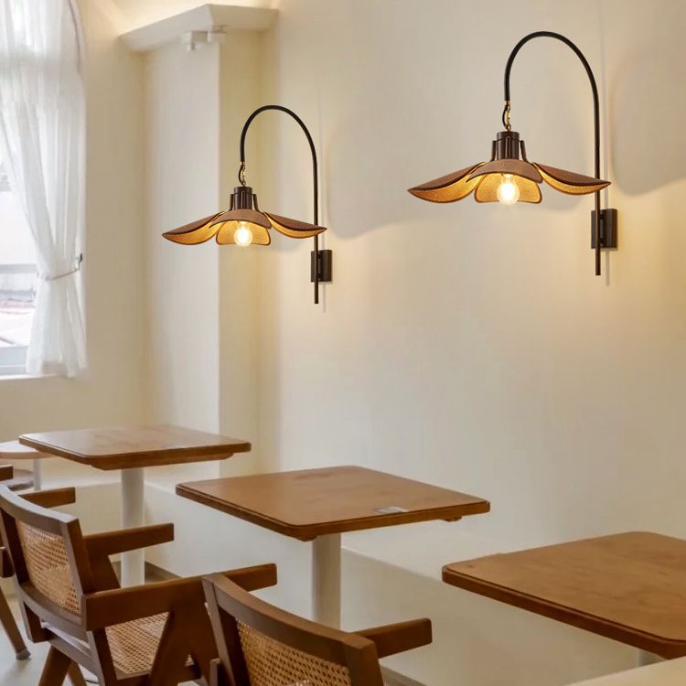Traditionelle japanische Blumen-Wandleuchte aus Holz und Eisen, Stoff, 1 Licht, für Wohnzimmer 