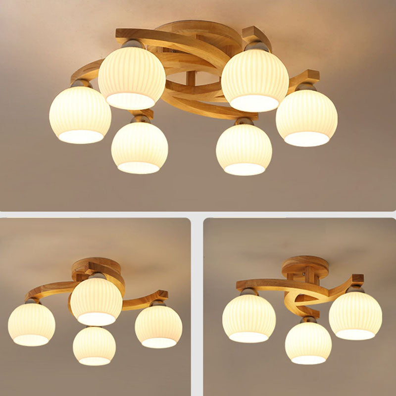 Traditional Japanese Solid Wood Striped Glass Round Shade Branch 3/4/6 Light Semi-Flush Mount Ceiling Light For Living Room