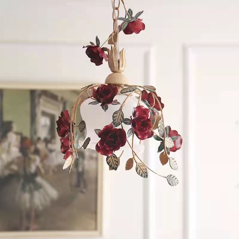 Zeitgenössische Retro Eisen Glas Rose 1-Licht Pendelleuchte für Schlafzimmer 