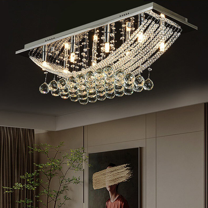 Traditional European Stainless Steel Crystal Bead Curtain Rectangular 8-Light Flush Mount Ceiling Light For Living Room & Bedroom