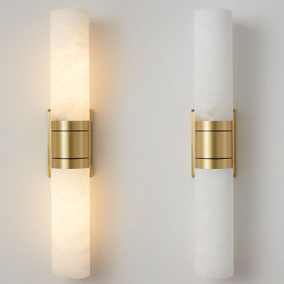 Traditionelle chinesische Vollkupfer-Marmor-Zylinderschirm-2-Licht-Wandleuchterlampe für Wohnzimmer 