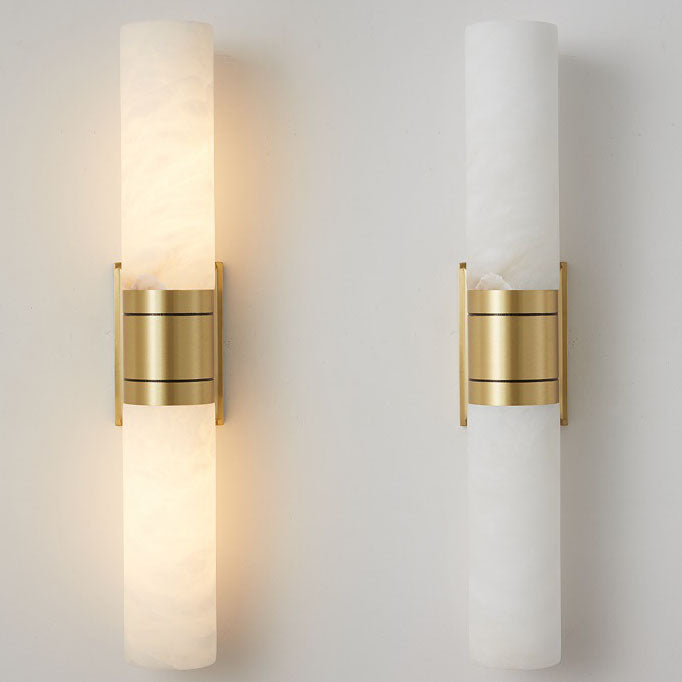 Traditionelle chinesische Vollkupfer-Marmor-Zylinderschirm-2-Licht-Wandleuchterlampe für Wohnzimmer 