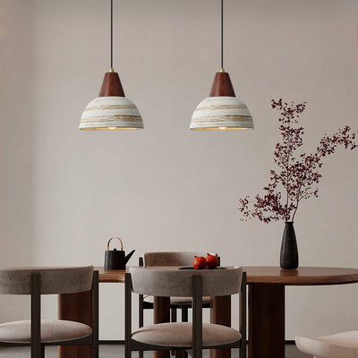 Zeitgenössische Vintage Kuppel Messing Holz Keramik 1-Licht Pendelleuchte für Wohnzimmer 