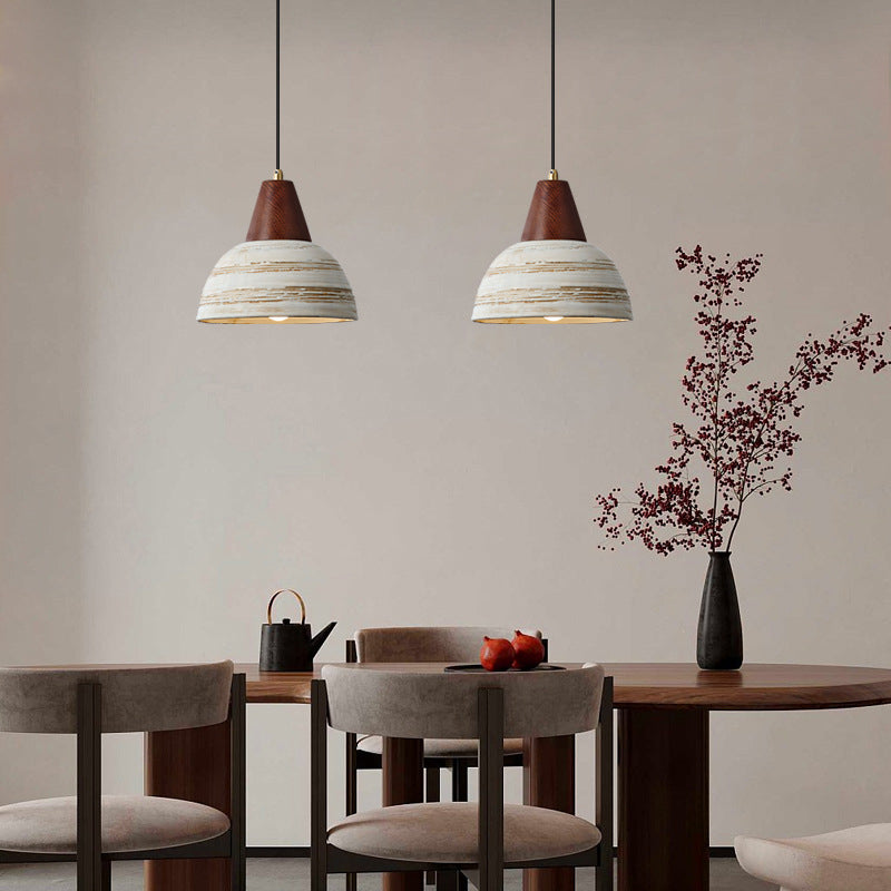 Zeitgenössische Vintage Kuppel Messing Holz Keramik 1-Licht Pendelleuchte für Wohnzimmer 