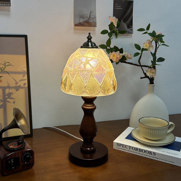 Lámpara de Mesa de 1 Luz con Caparazón de Lozange de Hemisferoide de Vidrio de Madera Vintage Tradicional para Mesita de Noche 