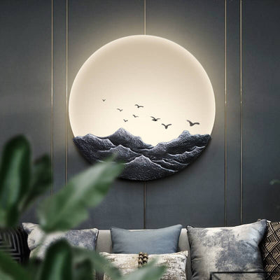 Chinese Classical Three-Dimensional Sculpture Resin Mountain Acrylic Round LED Wall Sconce Lamp