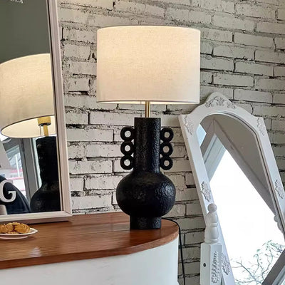 Lampe de table à 1 lumière avec base en résine et pichet en tissu à tambour japonais traditionnel pour chambre à coucher 