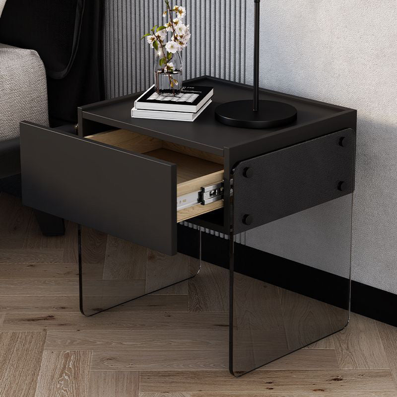 Table de nuit rectangulaire minimaliste moderne en bois avec plateau en verre et 1 tiroir pour chambre 