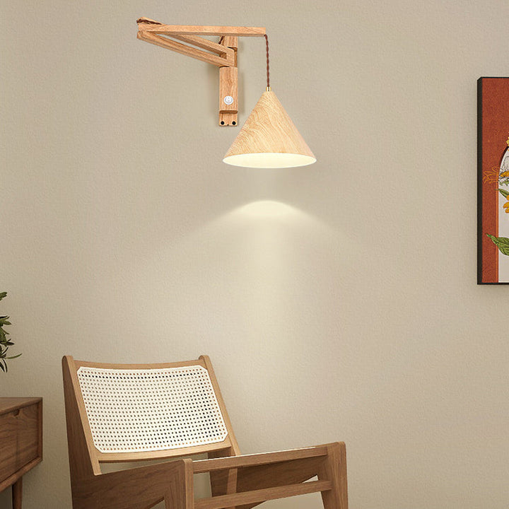 Applique murale moderne minimaliste conique rétractable en fer long, grain de bois tourné, pour chambre à coucher 