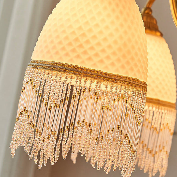 Traditional Vintage Grid Tassel Copper Wood Glass 3/5/8 Light Chandelier For Living Room