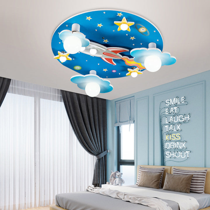 Moderna lámpara de techo LED de estilo Art Deco para niños con cohete redondo de madera y plástico y cielo estrellado para dormitorio 