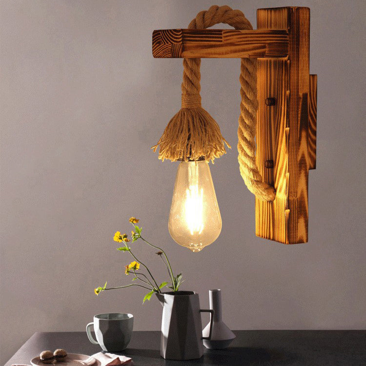 Lámpara de Aplique de Pared de 1 Luz con Colgante Cúbico de Vidrio de Hierro con Cuerda de Cáñamo de Madera Industrial Contemporánea para Pasillo 