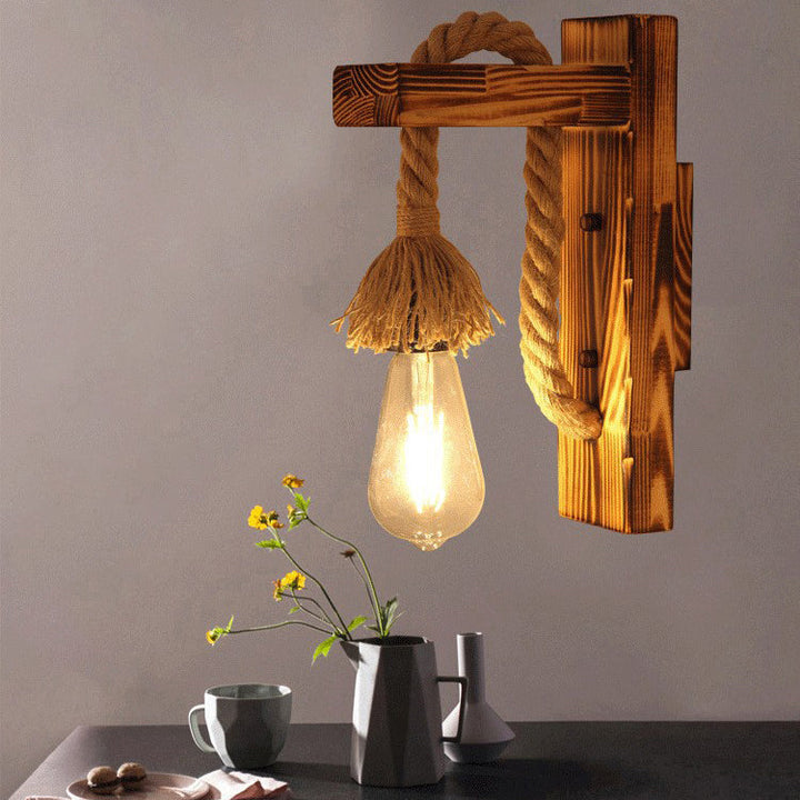 Lámpara de Aplique de Pared de 1 Luz con Colgante Cúbico de Vidrio de Hierro con Cuerda de Cáñamo de Madera Industrial Contemporánea para Pasillo 