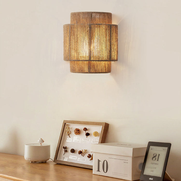Lámpara de pared de 1 luz curva tejida con cuerda japonesa tradicional para sala de estar 