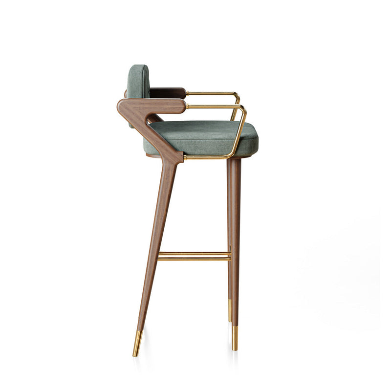Tabouret de bar carré en tissu scandinave contemporain en laiton et noyer avec dossier et accoudoir pour cuisine 