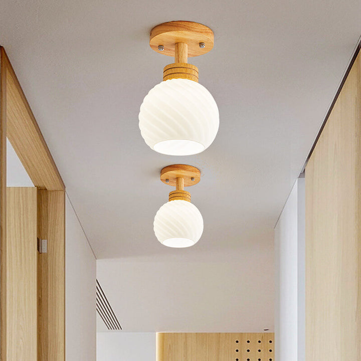 Traditional Japanese Spherical Glass Shape Wood Base1-Light Semi-Flush Mount Ceiling Light For Living Room