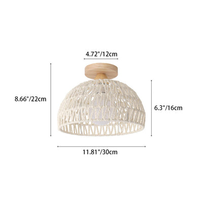 Traditional Japanese Half Round Solid Wood Rattan 1-Light Semi-Flush Mount Ceiling Light For Living Room
