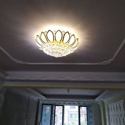 Lustre Moderne de Luxe Doré Glamour avec Base en Verre Dépoli Lotus et Perles de Cristal 4/6 Lumières Plafonnier pour Salon 