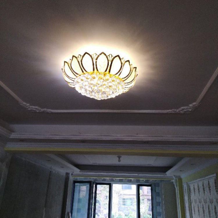 Lustre Moderne de Luxe Doré Glamour avec Base en Verre Dépoli Lotus et Perles de Cristal 4/6 Lumières Plafonnier pour Salon 