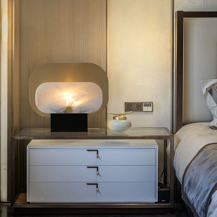 Lampe de table moderne Art déco rectangle arrondi en marbre avec abat-jour en métal à 1 lumière pour chambre à coucher 