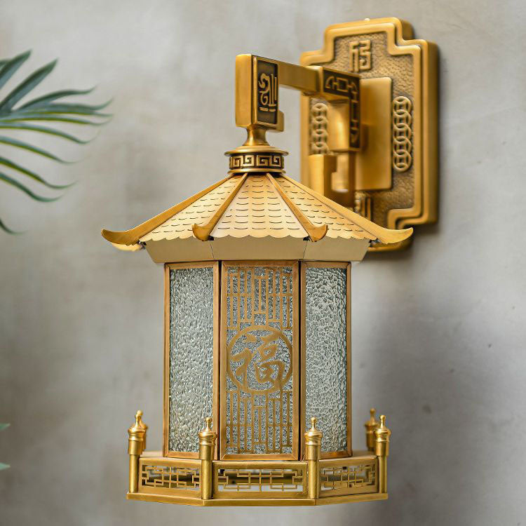 Lámpara de Aplique de Pared de 1 Luz en Forma de Cono de Cilindro de Vidrio de Acero Inoxidable de Latón Impermeable Tradicional Chino para Patio Exterior 