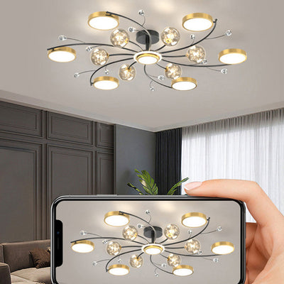 Moderner LED-Kronleuchter mit Eisenrahmen aus der Mitte des Jahrhunderts, Glasblase, für Wohnzimmer 