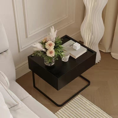 Table de chevet moderne minimaliste rectangulaire en bois massif et fer avec 1 tiroir pour chambre 