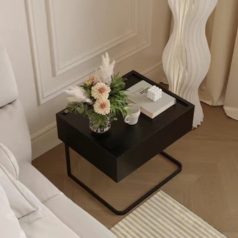 Table de chevet moderne minimaliste rectangulaire en bois massif et fer avec 1 tiroir pour chambre 
