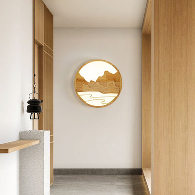 Plafonnier LED rond en bois moderne chinois avec design de montagne 