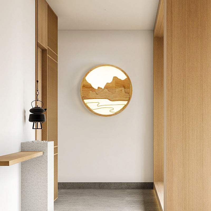 Modern Chinese Wooden Round Mountain Design LED Flush Mount Ceiling Light