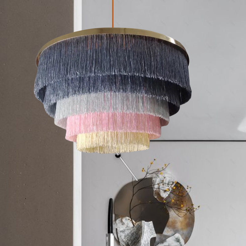 Contemporary Scandinavian Fringe Round Cloth Iron 3-Light Chandelier For Living Room