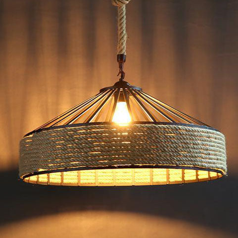 Lámpara colgante de 1 luz de cuerda de cáñamo de hierro redonda rústica tradicional para sala de estar 