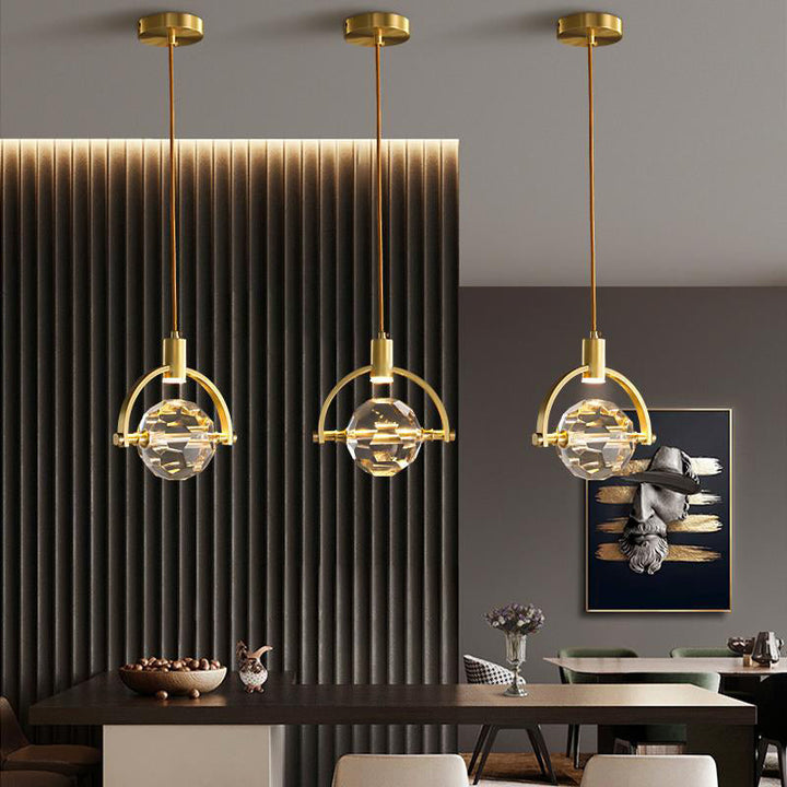 Modern Luxury Full Copper Circle Ring Crystal Ball 1-Light Pendant Light For Living Room