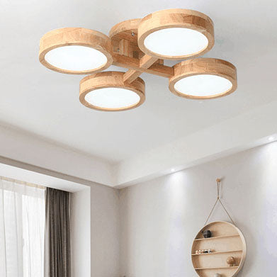 Contemporary Scandinavian Round Rubberwood LED Flush Mount Ceiling Light For Living Room
