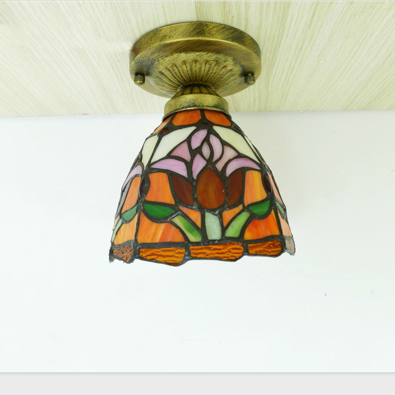 Lámpara de techo semiempotrada de 1 luz con cúpula de hierro y vidrio de colores Tiffany Tulip tradicional para sala de estar 