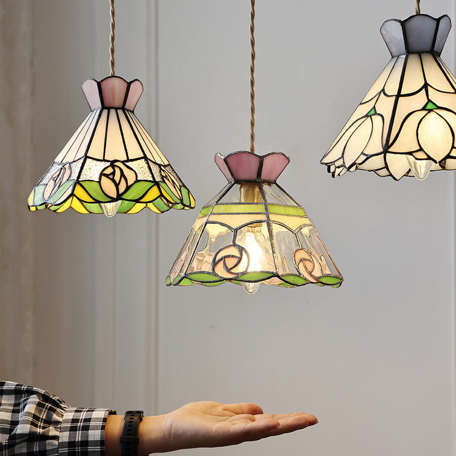 Vintage Tiffany Rose Flower Conical Stained Glass 1-Light Pendant Light
